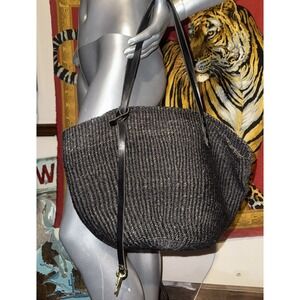 Clare V Kenya Black woven Raffia leather shoulder strap Summer Simple Tote